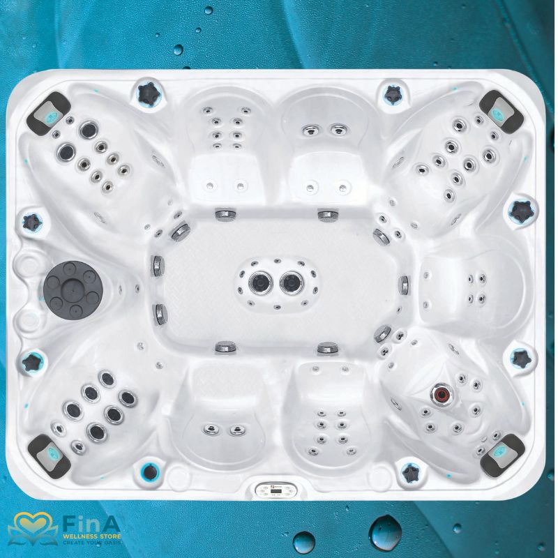  Luxurious Hot tub for 9 Persons with central foot massage zone, aqua rolling massage and various massage seats - Passion Spas Harmony Signature Collection from above