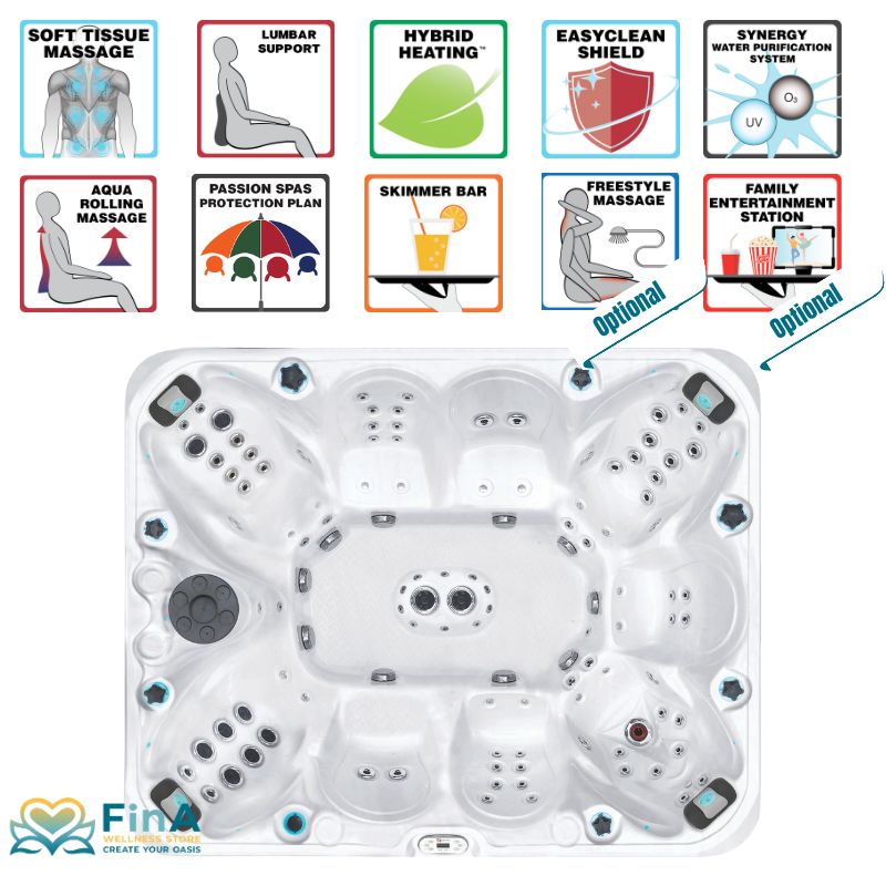  Overview of the massage functions and features of the Passion Harmony spa Hot tubSoft Tissue Massage, Aqua Rolling, Hybrid Heating, Skimmer Bar and much more.