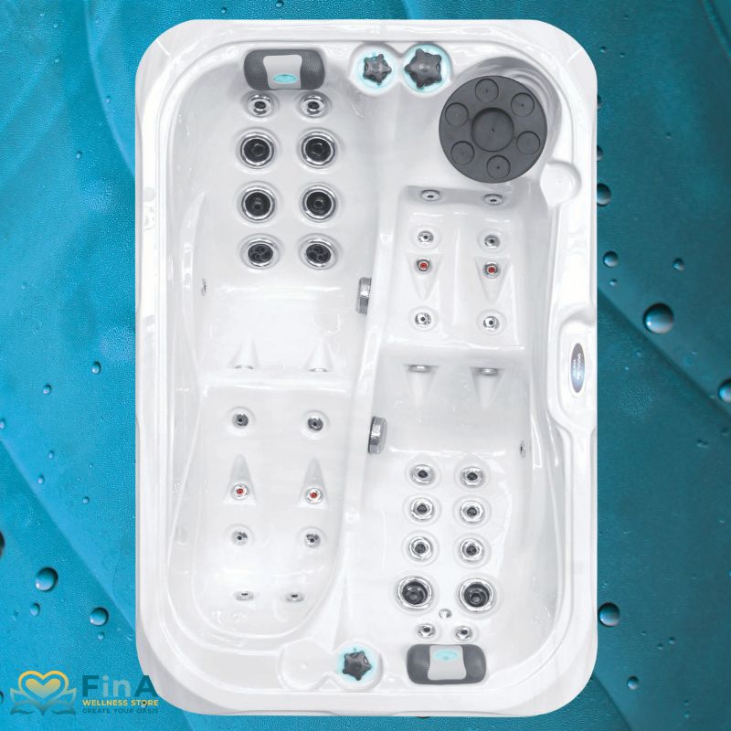  Alt-Text: Hot tub Passion Spas Indulgence from the Signature Collection in bird's eye view with ergonomic reclining surface and powerful massage jets for two Persons.