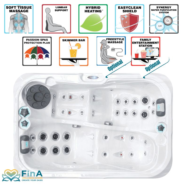  Alt text: Hot tub Passion Spas Indulgence with icons for massage functions, cleaning systems, skimmer bar and optional entertainment package.